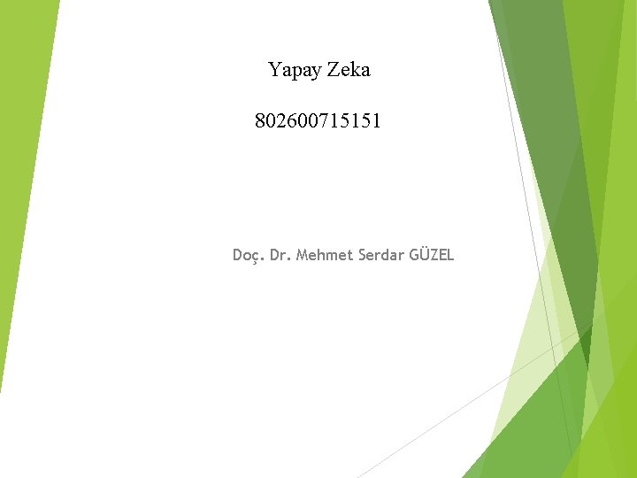 Yapay Zeka 802600715151 Doç. Dr. Mehmet Serdar GÜZEL 