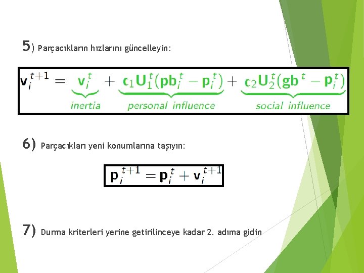 5) Parçacıkların hızlarını güncelleyin: 6) Parçacıkları yeni konumlarına taşıyın: 7) Durma kriterleri yerine getirilinceye