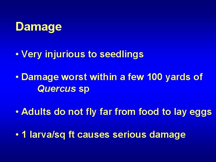 Damage • Very injurious to seedlings • Damage worst within a few 100 yards