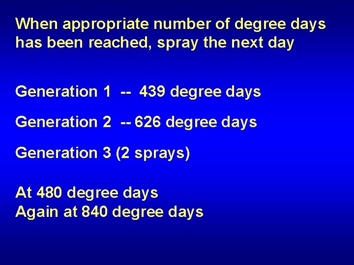 When appropriate number of degree days has been reached, spray the next day Generation