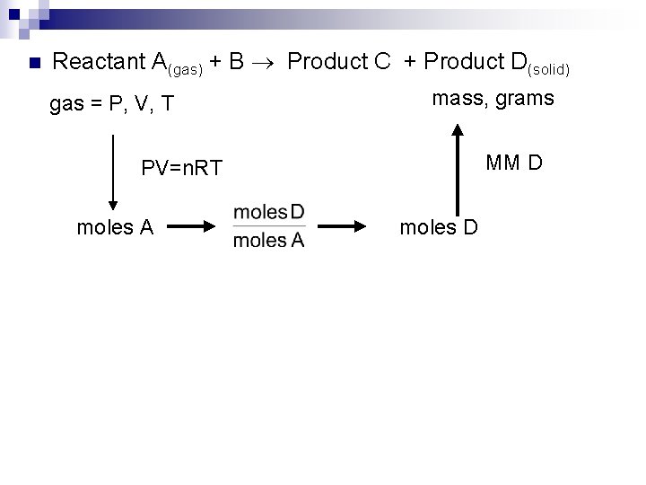 n Reactant A(gas) + B Product C + Product D(solid) gas = P, V,