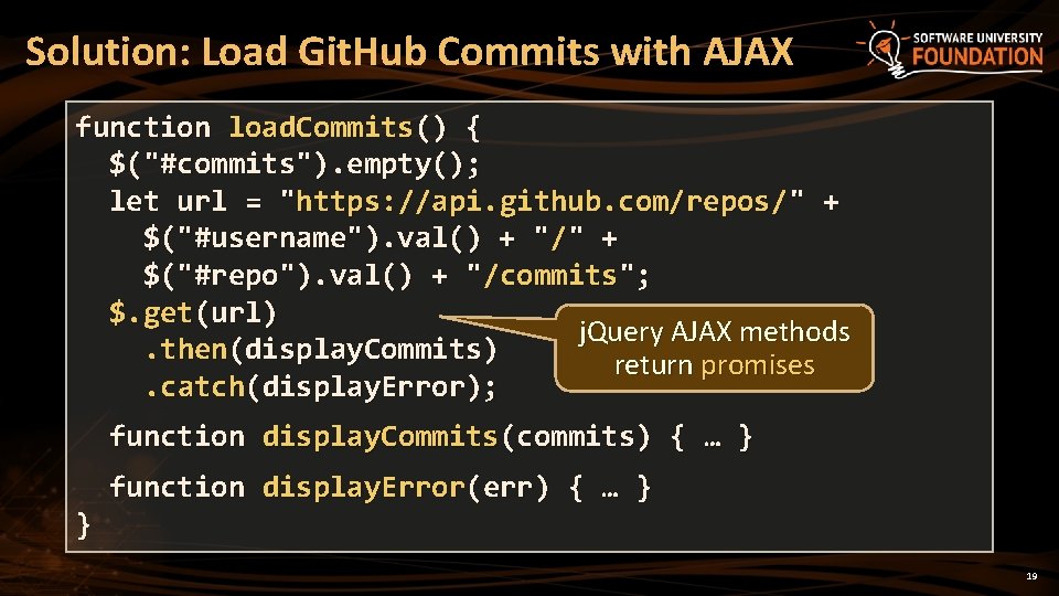 Solution: Load Git. Hub Commits with AJAX function load. Commits() { $("#commits"). empty(); let
