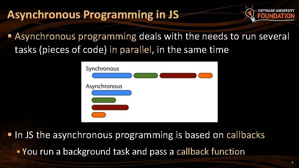 Asynchronous Programming in JS § Asynchronous programming deals with the needs to run several