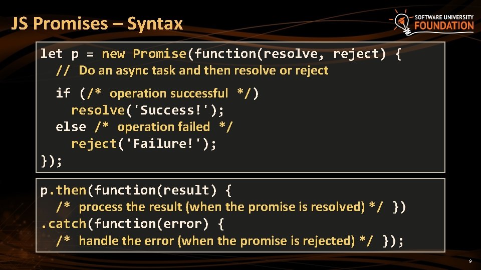 JS Promises – Syntax let p = new Promise(function(resolve, reject) { // Do an