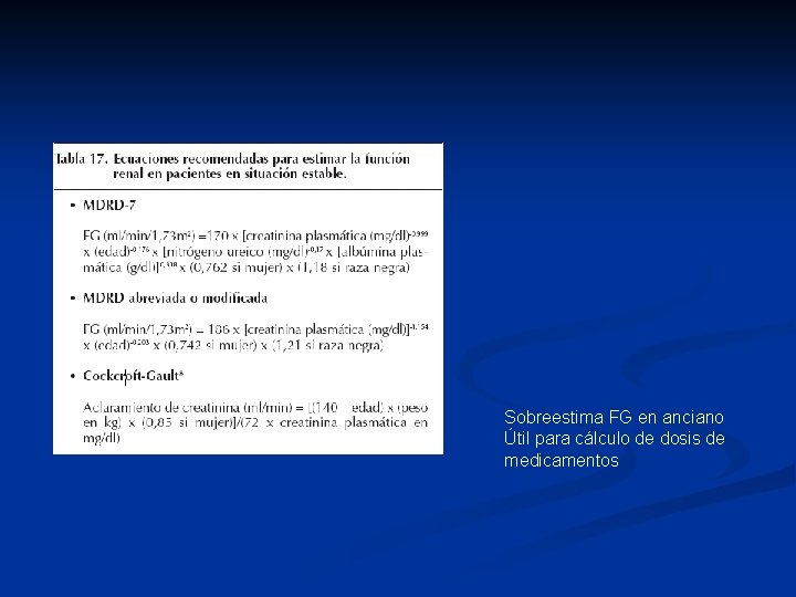 Sobreestima FG en anciano Útil para cálculo de dosis de medicamentos Sobreestima FG en anciano Útil para cálculo de dosis de medicamentos