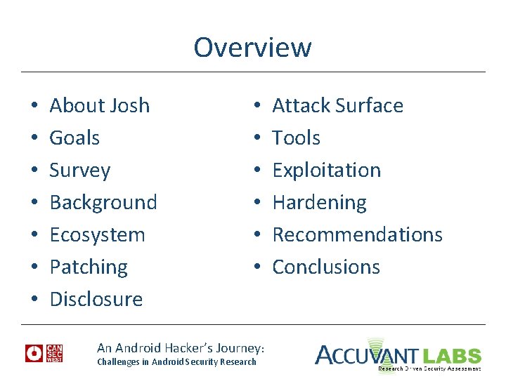 Overview • • About Josh Goals Survey Background Ecosystem Patching Disclosure • • •