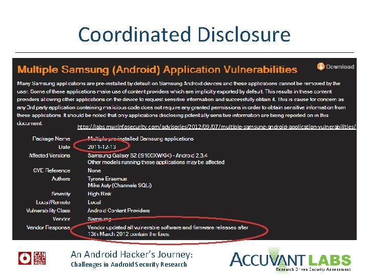 Coordinated Disclosure http: //labs. mwrinfosecurity. com/advisories/2012/09/07/multiple-samsung-android-application-vulnerabilities/ An Android Hacker’s Journey: Challenges in Android Security