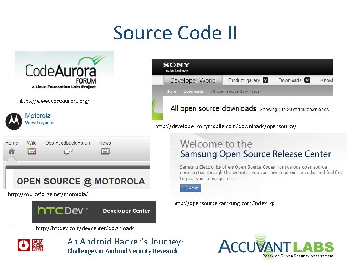 Source Code II https: //www. codeaurora. org/ http: //developer. sonymobile. com/downloads/opensource/ http: //sourceforge. net/motorola/