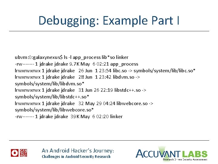 Debugging: Example Part I ubvm: 0: galaxynexus$ ls -l app_process lib*so linker -rw------- 1