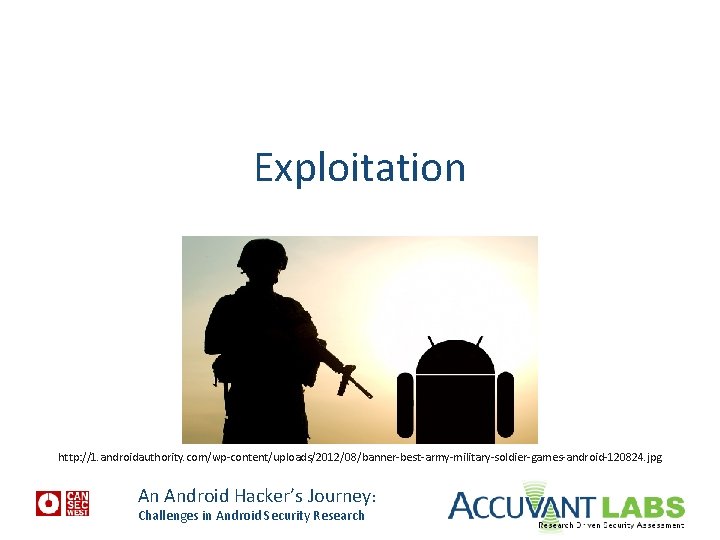 Exploitation http: //1. androidauthority. com/wp-content/uploads/2012/08/banner-best-army-military-soldier-games-android-120824. jpg An Android Hacker’s Journey: Challenges in Android Security