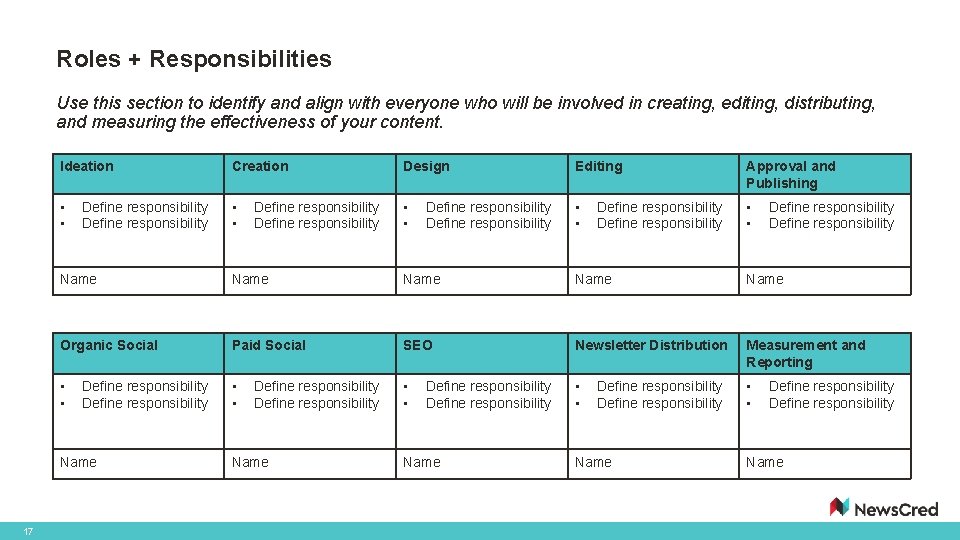 Roles + Responsibilities Use this section to identify and align with everyone who will