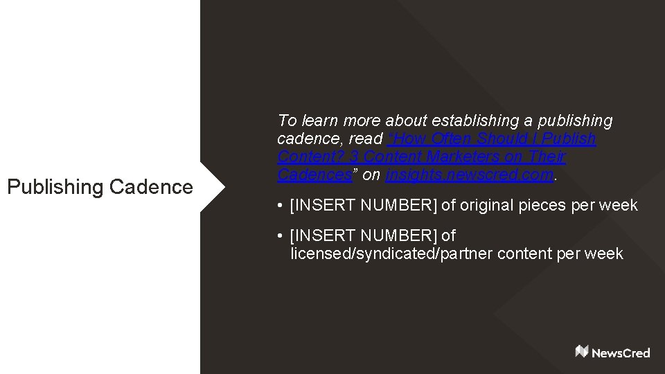 Publishing Cadence To learn more about establishing a publishing cadence, read “How Often Should