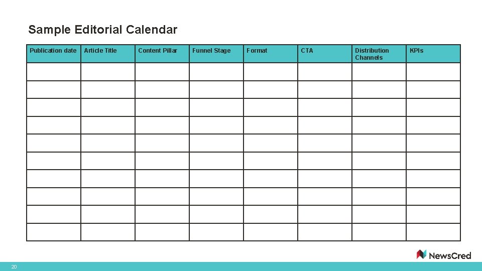 Sample Editorial Calendar Publication date 20 Article Title Content Pillar Funnel Stage Format CTA