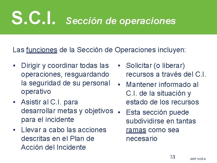S. C. I. Sección de operaciones Las funciones de la Sección de Operaciones incluyen: