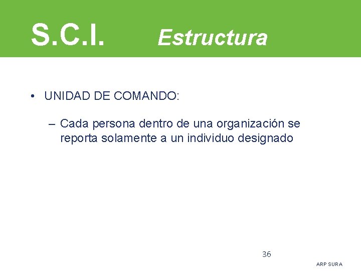 S. C. I. Estructura • UNIDAD DE COMANDO: – Cada persona dentro de una