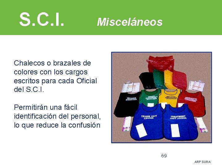 S. C. I. Misceláneos Chalecos o brazales de colores con los cargos escritos para