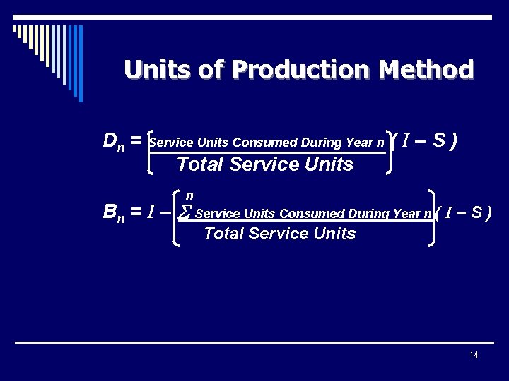 Units of Production Method Dn = Service Units Consumed During Year n ( I