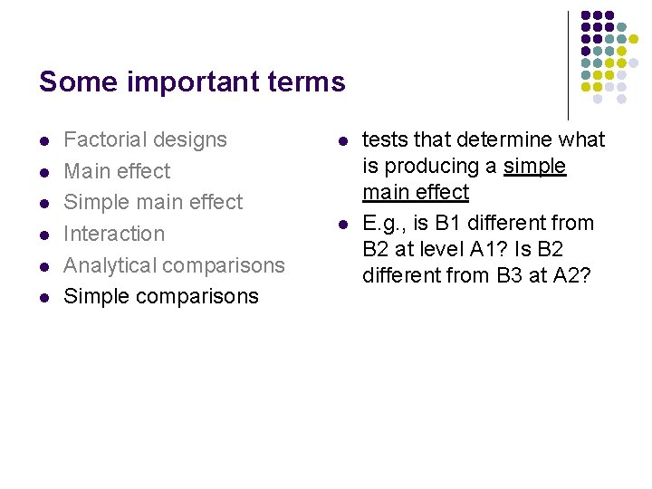 Some important terms l l l Factorial designs Main effect Simple main effect Interaction