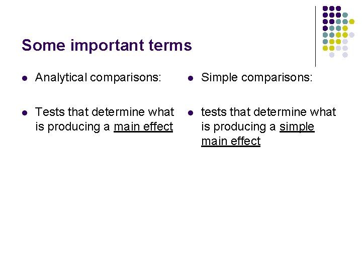 Some important terms l Analytical comparisons: l Simple comparisons: l Tests that determine what