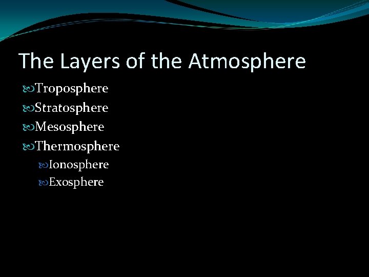 The Layers of the Atmosphere Troposphere Stratosphere Mesosphere Thermosphere Ionosphere Exosphere The Layers of the Atmosphere Troposphere Stratosphere Mesosphere Thermosphere Ionosphere Exosphere