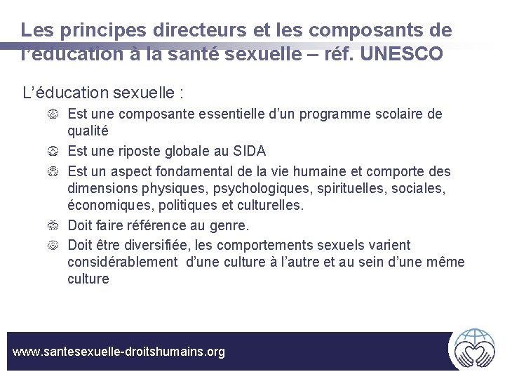 Les principes directeurs et les composants de l’éducation à la santé sexuelle – réf.