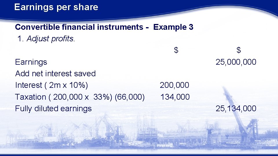 Earnings per share Convertible financial instruments - Example 3 1. Adjust profits. $ Earnings