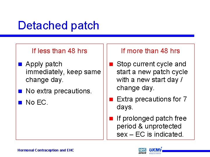 Detached patch If less than 48 hrs n Apply patch immediately, keep same change
