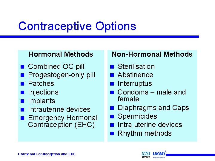 Contraceptive Options Hormonal Methods n n n n Combined OC pill Progestogen-only pill Patches
