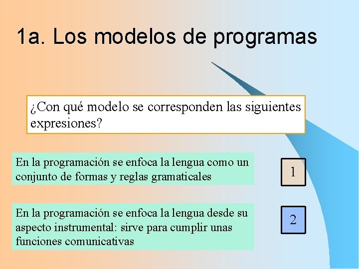 1 a. Los modelos de programas ¿Con qué modelo se corresponden las siguientes expresiones?