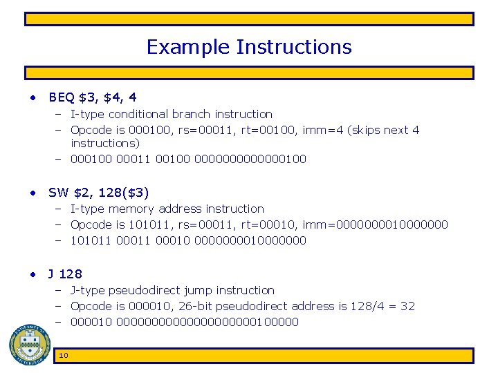 Example Instructions • BEQ $3, $4, 4 – I-type conditional branch instruction – Opcode