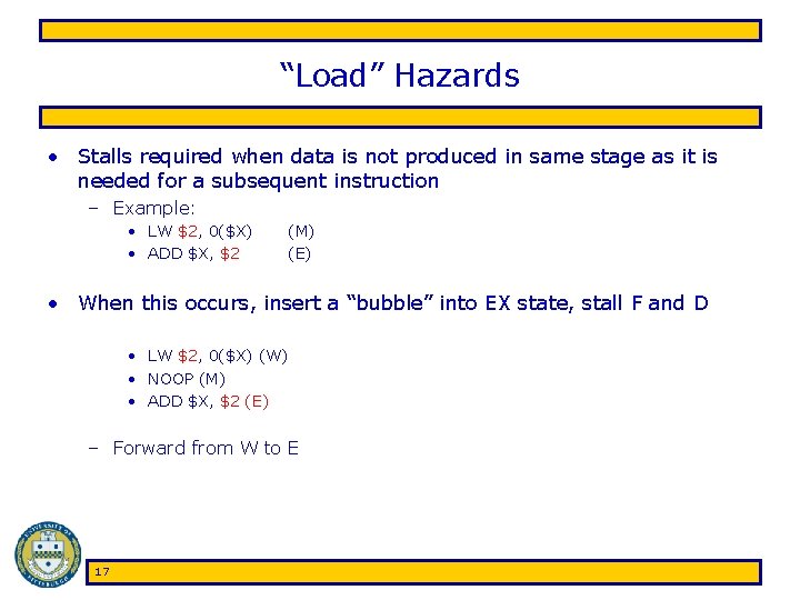 “Load” Hazards • Stalls required when data is not produced in same stage as