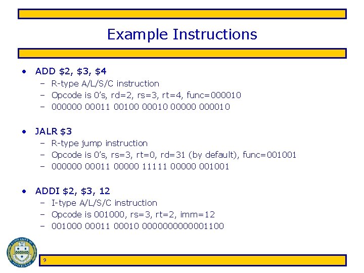 Example Instructions • ADD $2, $3, $4 – R-type A/L/S/C instruction – Opcode is