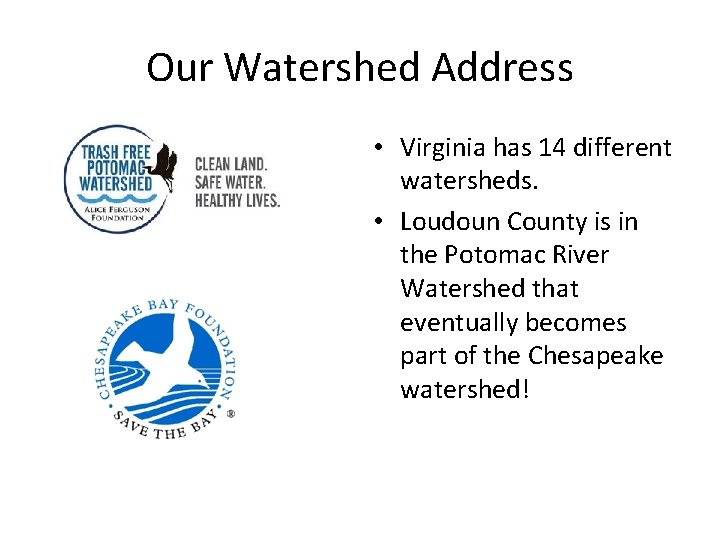 Our Watershed Address • Virginia has 14 different watersheds. • Loudoun County is in