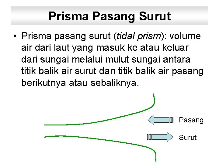 Prisma Pasang Surut • Prisma pasang surut (tidal prism): volume air dari laut yang