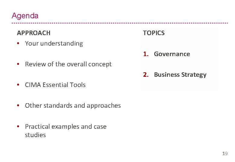 Agenda APPROACH • Your understanding TOPICS 1. Governance • Review of the overall concept