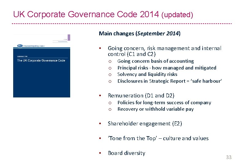 UK Corporate Governance Code 2014 (updated) Main changes (September 2014) • Going concern, risk