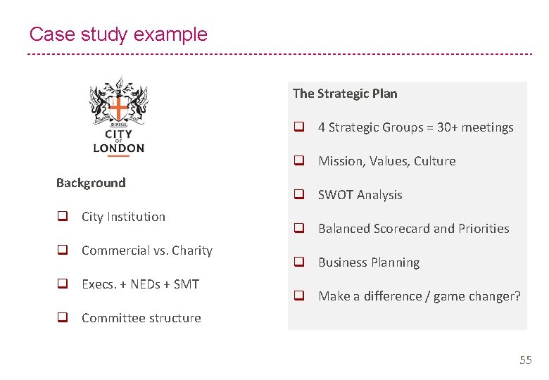 Case study example The Strategic Plan q 4 Strategic Groups = 30+ meetings q