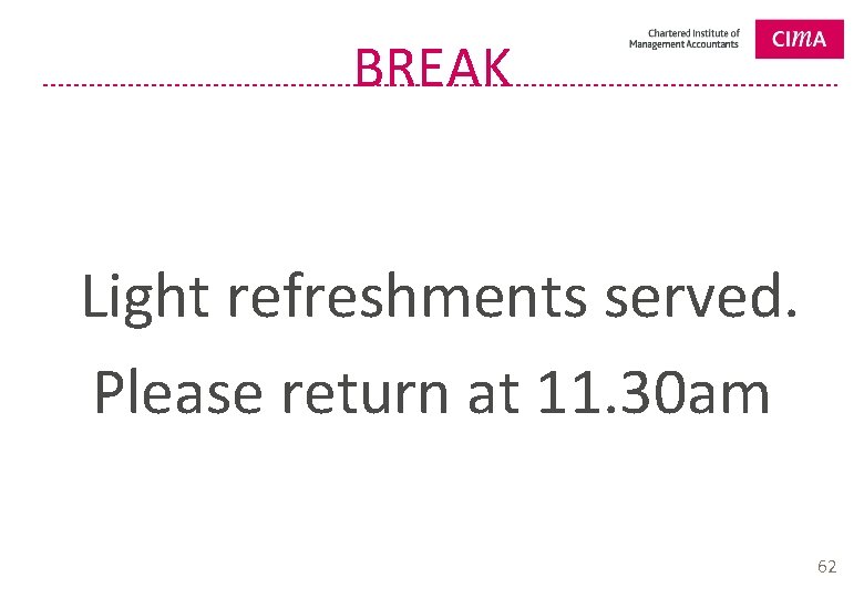 BREAK Light refreshments served. Please return at 11. 30 am 62 