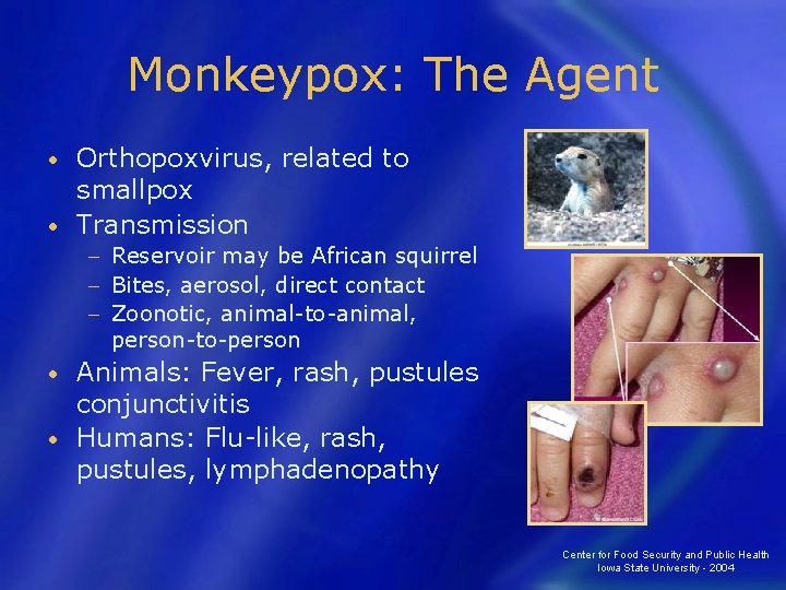 Monkeypox: The Agent Orthopoxvirus, related to smallpox • Transmission • Reservoir may be African