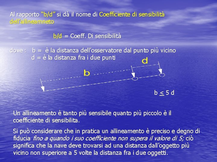 Al rapporto “b/d” si dà il nome di Coefficiente di sensibilità dell’allineamneto b/d =