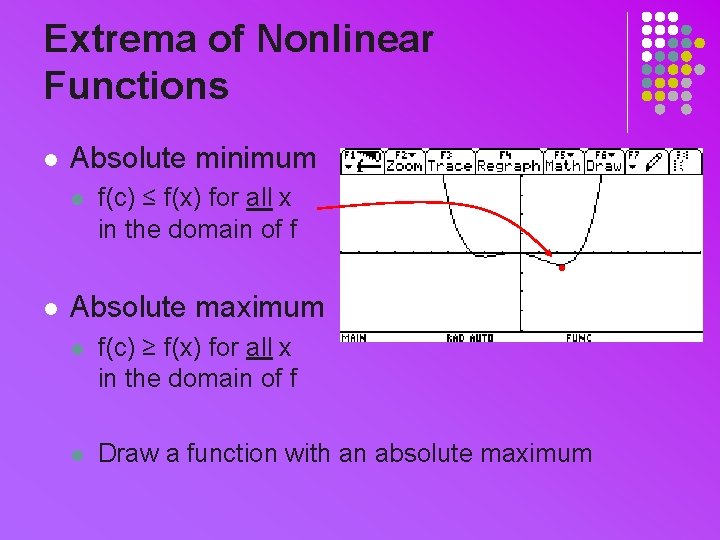 Extrema of Nonlinear Functions l Absolute minimum l f(c) ≤ f(x) for all x