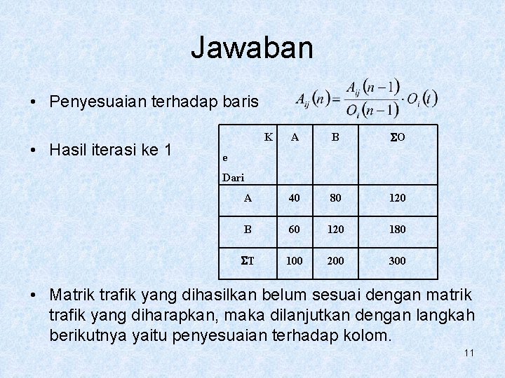 Jawaban • Penyesuaian terhadap baris • Hasil iterasi ke 1 A B O A