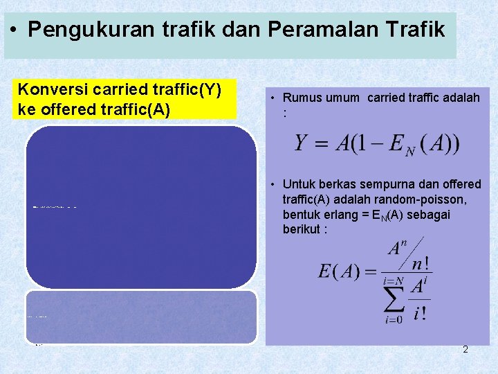  • Pengukuran trafik dan Peramalan Trafik Konversi carried traffic(Y) ke offered traffic(A) Pengukuran