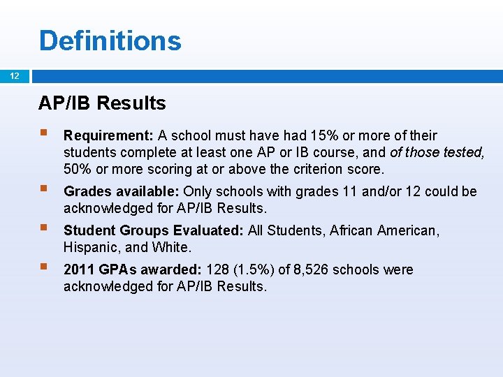 Definitions 12 AP/IB Results § Requirement: A school must have had 15% or more