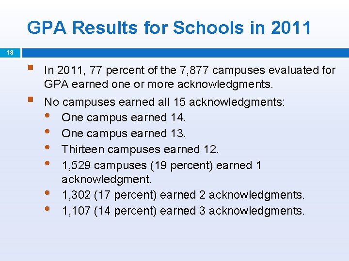 GPA Results for Schools in 2011 18 § § In 2011, 77 percent of