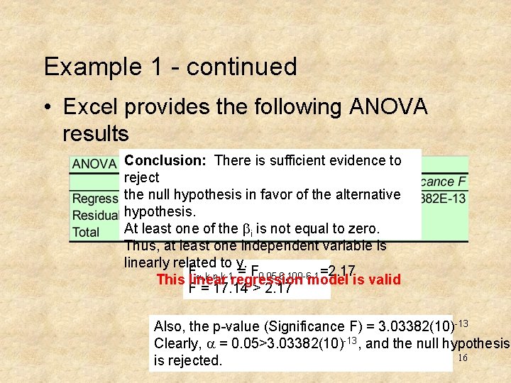 Example 1 - continued • Excel provides the following ANOVA results Conclusion: There is