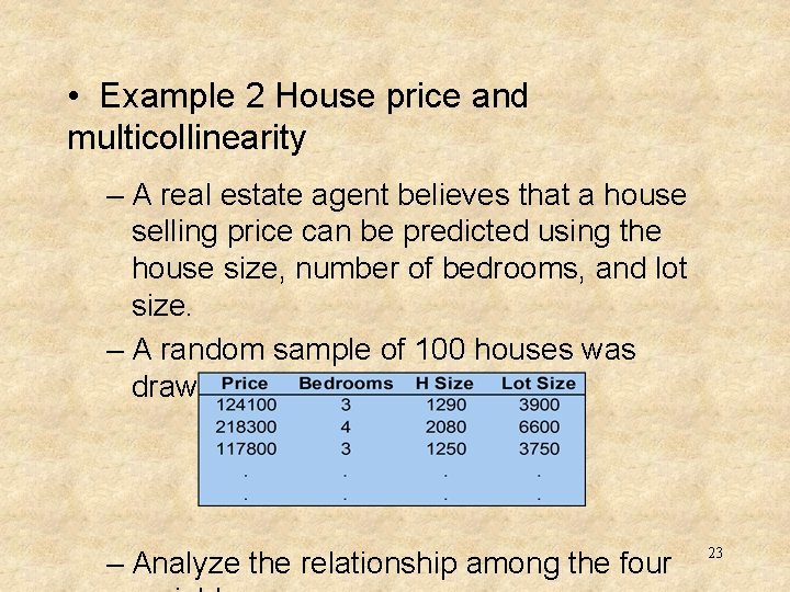  • Example 2 House price and multicollinearity – A real estate agent believes