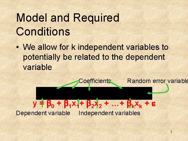 Model and Required Conditions • We allow for k independent variables to potentially be