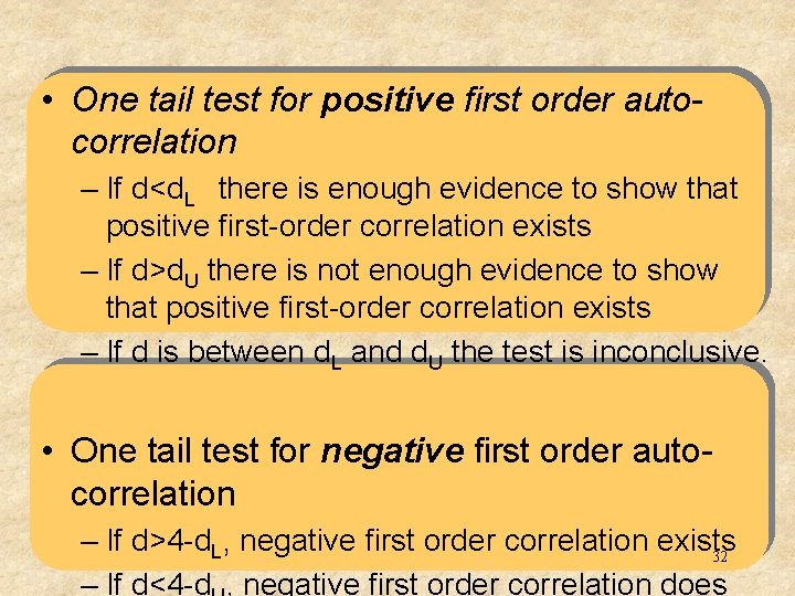  • One tail test for positive first order autocorrelation – If d<d. L