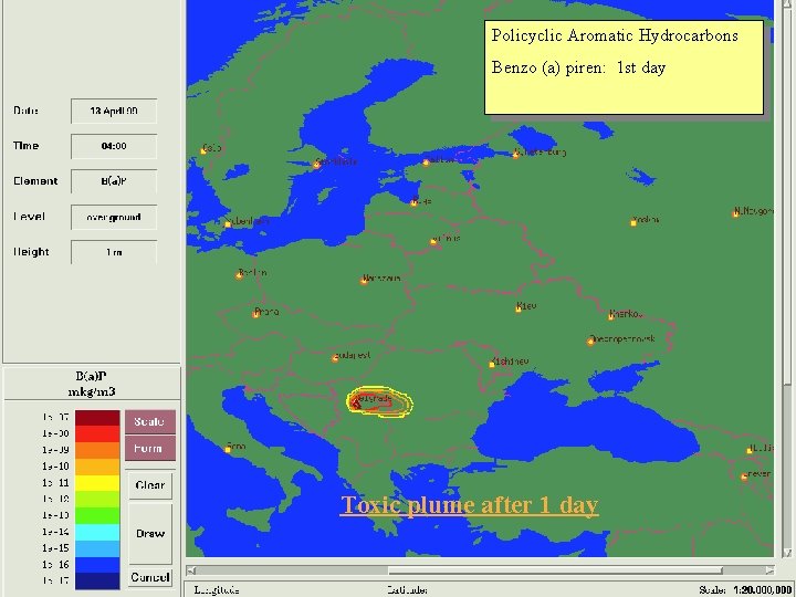 Policyclic Aromatic Hydrocarbons Benzo (a) piren: 1 st day Toxic plume after 1 day